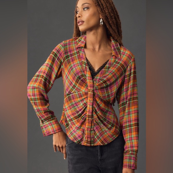 PILCRO ANTHROPOLOGIE Ruched Deep V Orange Plaid Buttondown Top Shirt Flannel S - Picture 1 of 15